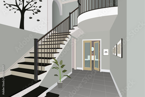 Vintage interior of the hallway with a staircase. Design of modern room. Symbol furniture, hallway illustration