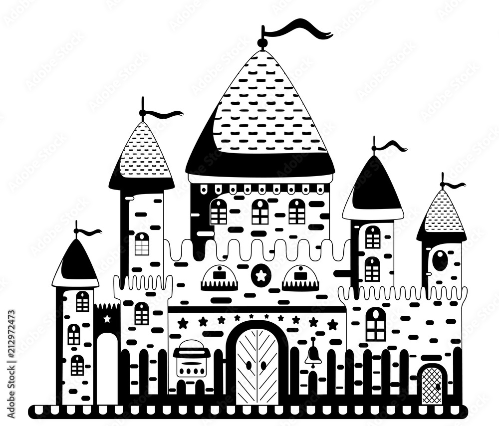 Illustration of a cartoon castle on a white background