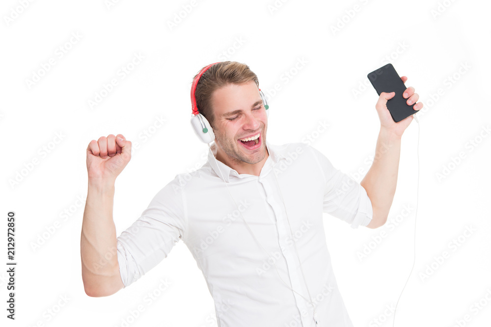 Best song ever. Man listening favourite song headphones with smartphone.  Guy earphones listens music. Man happy smiling face enjoy listening music  headphones isolated white background foto de Stock | Adobe Stock