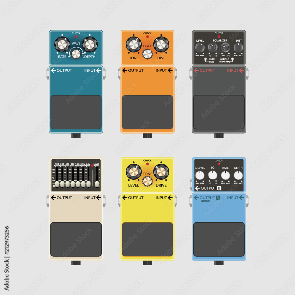 Fototapeta premium Realistic guitar effects pedal and stomp boxes, vector illustration