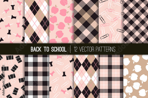 Pink Black Back to School Vector Patterns Pack. Preppy Argyle and Tartan Plaid Prints. Office Supplies and Apples Randomly Arranged on Pink and Beige Background. Repeating Tile Swatches Included.