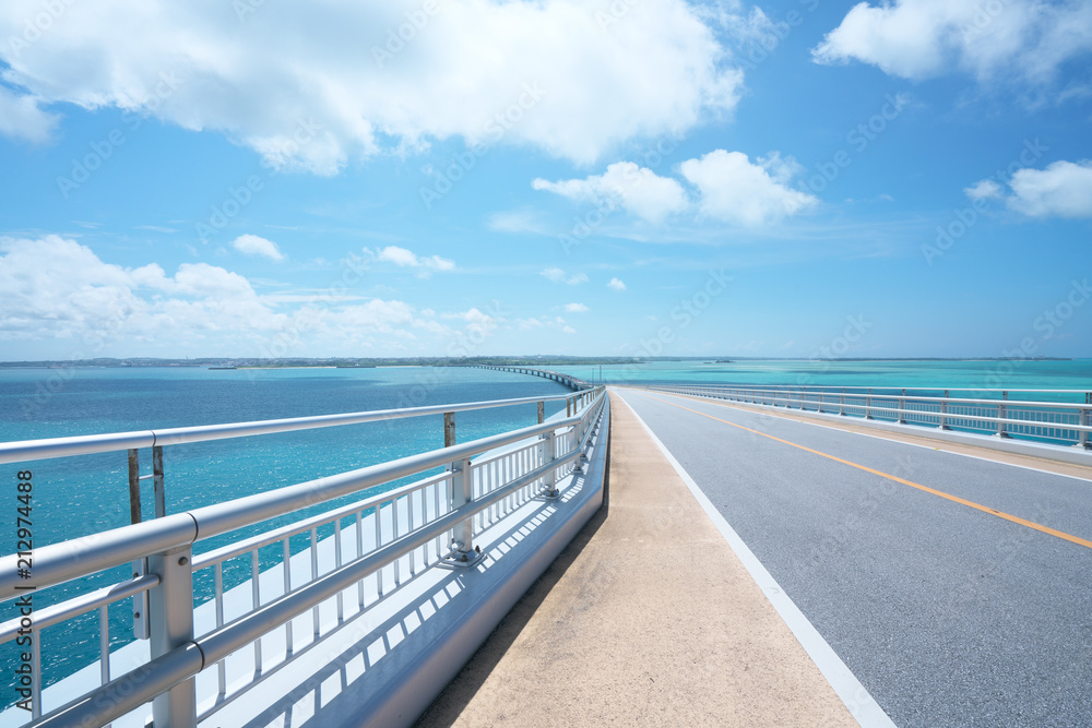 Okinawa,Japan-July 7, 2018: Irabu bridge, the longest toll-free bridge in Japan connecting Irabu island and Miyako island Okinawa,Japan-July 7, 2018: Irabu bridge, the longest toll-free bridge in Japan connecting Irabu island and Miyako island