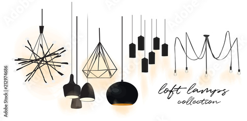 industrial style lamps collection. vector illustration. web site banner. online shop  logo advert. interior design. loft style. designer decor