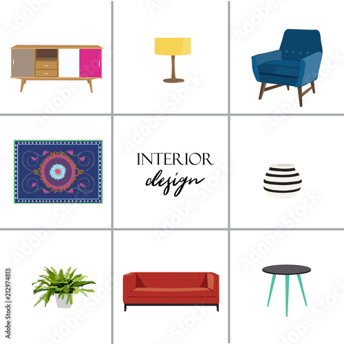 vector interior design mood board illustration. collection of furniture and home decor elements. sofa armchair lamp sideboard pot plant. boho bohemian retro style. 