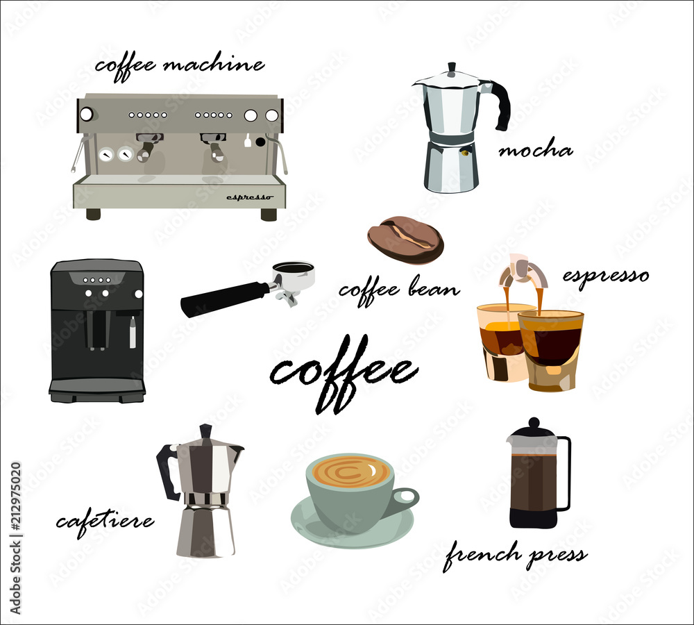 coffee making cafe shop elements.machine,mocha,cafetiere, handle,bean,  french press.morning breakfast.collection set.beautiful realistic  cute.bright and happy.brewing drink equipment. Stock Vector