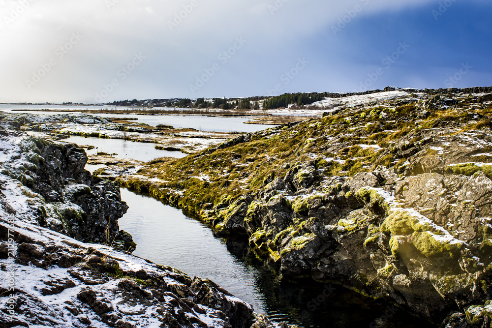 Water Running through the Continental Tectonic Plate Divide between the Eurasia and North American Tectonic Plates in the Silfra Fissure, Iceland
