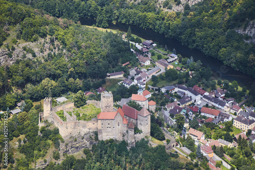 Aerial view of medieval castle Hardegg with river dyje in Austria.