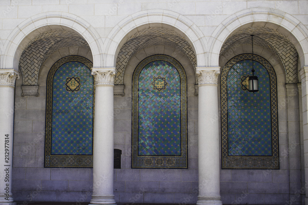 Three Arches with Mosaic Insets Made of Blue and Green Tiles at the Entrance Portico to the Los Angeles City Hall, California, USA
