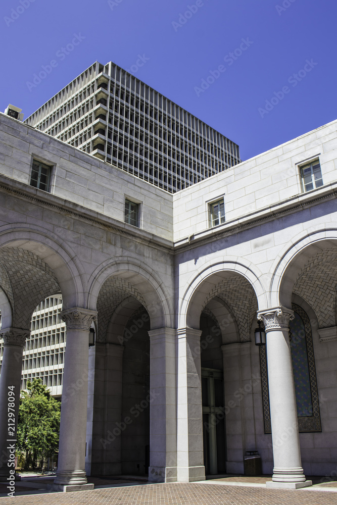 View of the Arches Surrounding the Outdoor Portico Outside of the Los Angeles City Hall, California, USA