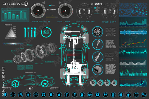 Car Auto Service, Modern Design, Diagnostic Auto. Virtual Graphical Interface in Modern Style (Infographics, Auto Scanning, Analysis and Diagnostics) Car repair Vector Set Elements