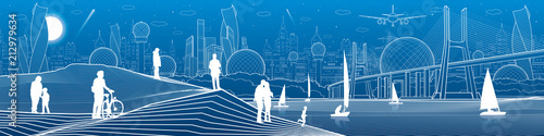 City infrastructure panoramic illustration. Big bridge across the river. People at shore. Sailing yachts on sea. White lines on blue background. Vector design art