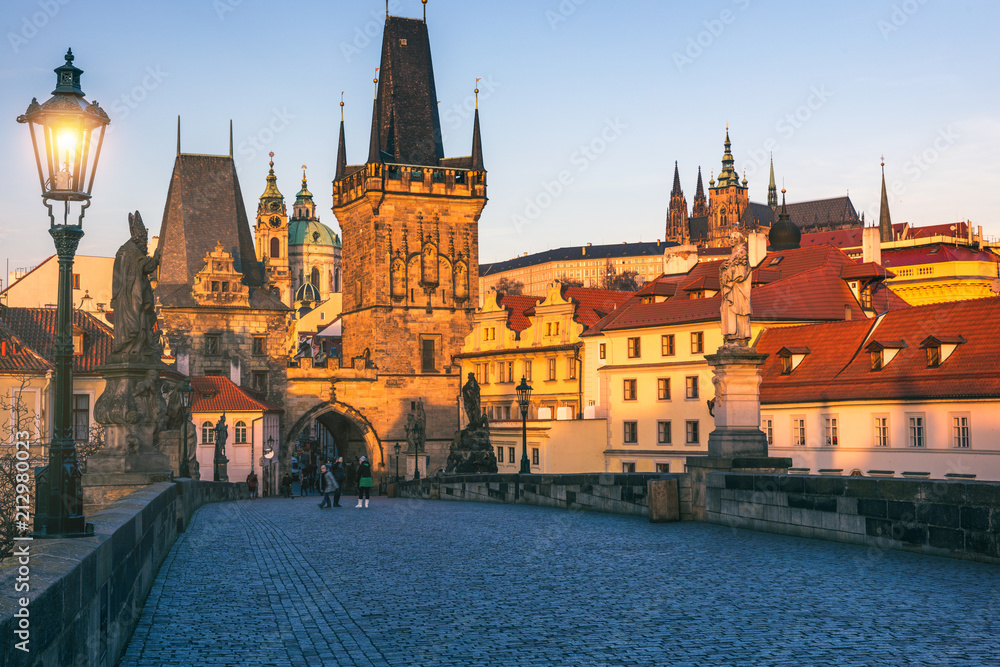 Fototapeta premium Morning view of Charles Bridge in Prague, Czech Republic. The Charles Bridge is one of the most visited sights in Prague. Architecture and landmark of Prague