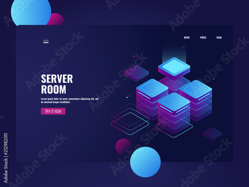 Network server room and datacenter isometric vector, cloud data storage, processing big data, technology object