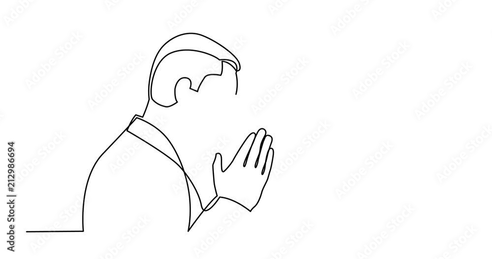 Animation of continuous line drawing of praying man with christian cross Animation of continuous line drawing of praying man with christian cross