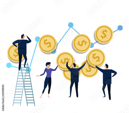 Team of tiny miniature figurines propping up the dollar coin money. concept of money investment management and inflation in economy or business