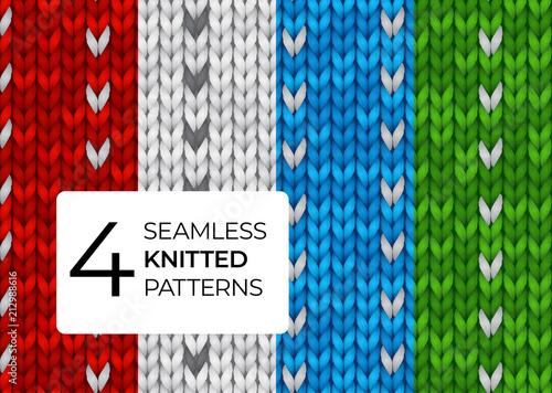 Set of realistic knitted patterns. Colored seamless knitted textures for the background of the site, greeting cards, wallpapers, invitations, banners. Vector illustration for a dark background.