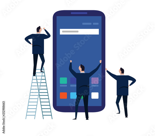 Business people using mobile phone or smartphone standing around a large phone screen. building mobile apps team work together.
