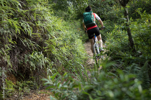 woman cyclist riding mountain bike on forest  trail