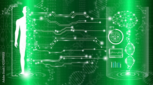 abstract background technology concept in green light,human body heal,technology modern medical science in future and global international medical with tests analysis clone DNA human