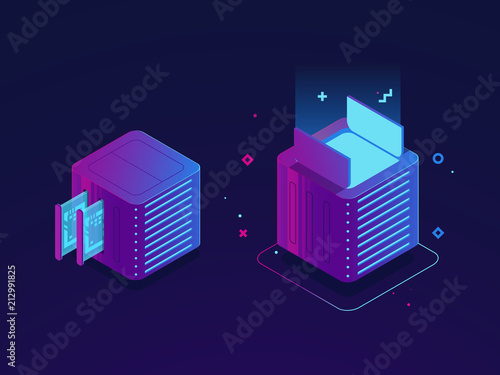 Data center, upgrading computer system, slot of memory card,open and close box isometric server room and cloud storage vector illustration, dark ultraviolet