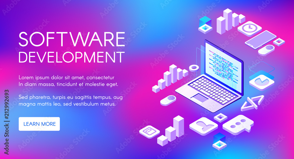 Software development vector illustration of digital programming technology for computer, internet browser and web applications. Script code for operation system on purple ultraviolet background Software development vector illustration of digital programming technology for computer, internet browser and web applications. Script code for operation system on purple ultraviolet background