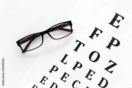 Glasses on eyesight test on white background top view