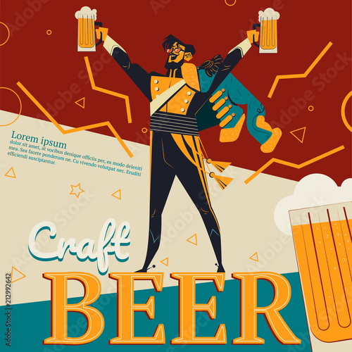 Craft beer vector illustration of retro advertisement poster for bar or pub with revolutionary concept. Cartoon vintage design of grenadier or revolution soldier man with beer mug in raised hand