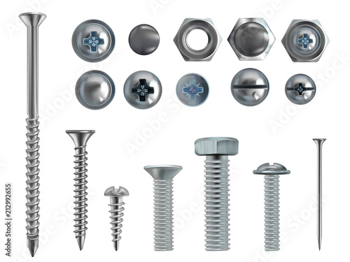 Vector 3d realistic illustration of stainless steel bolts, nails and screws on white background. Top and side view of industrial chrome hardware, different heads with nuts and washers