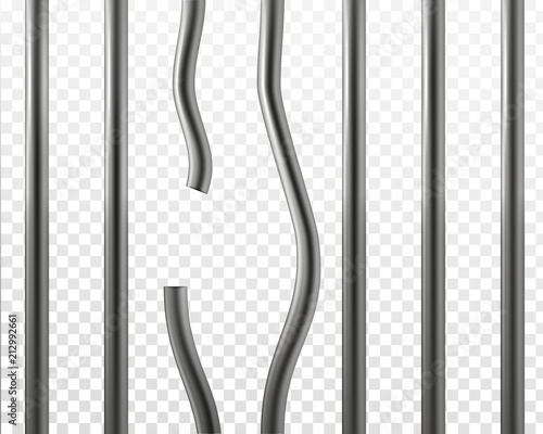 Vector 3d realistic broken prison bars isolated on transparent background. Jail break concept. Metallic, stainless steel cage. Closed grille of cell