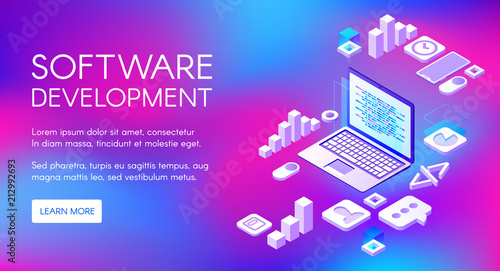 Software development vector illustration of digital programming technology for computer, internet browser and web applications. Script code for operation system on purple ultraviolet background