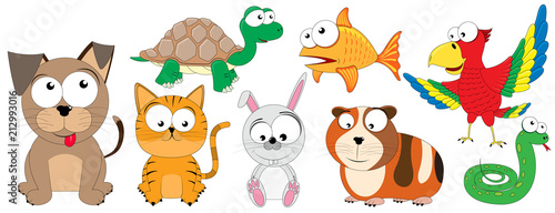 Domestic animals/ pets - collection of funny vector clip-arts (dog, cat, turtle, goldfish, rabbit, guinea pig, snake, parrot)