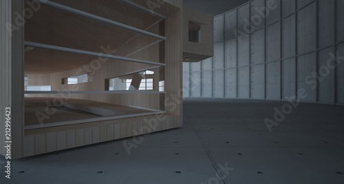 Abstract  concrete and wood parametric interior  with window. 3D illustration and rendering.