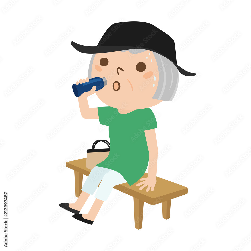 気温が高い日に汗をかいて水筒の水を飲んでいる高齢の女性のイラスト Stock Vector Adobe Stock