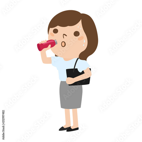気温が高い日に汗をかいて水筒の水を飲んでいる女の子のイラスト