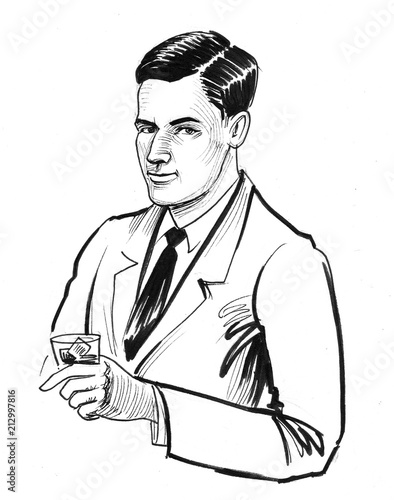 Gentleman with a glass of whiskey. Ink black and white illustration