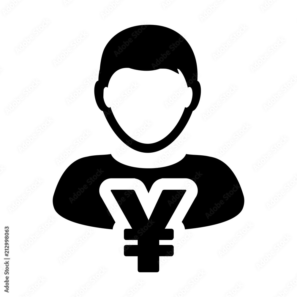 Money icon vector male user person profile avatar with Yen sign currency symbol for banking and finance business in flat color glyph pictogram illustration
