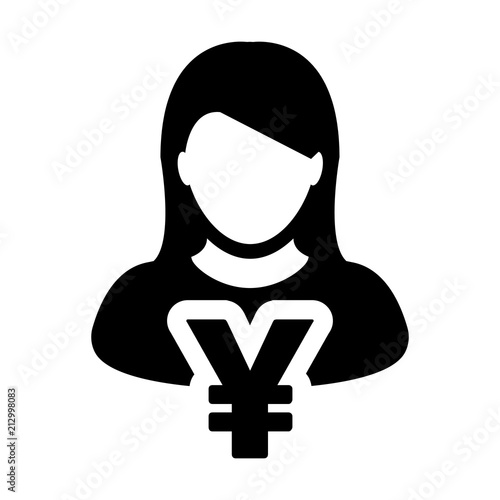 Yen sign icon vector female user person profile avatar with currency money symbol for banking and finance business in flat color glyph pictogram illustration