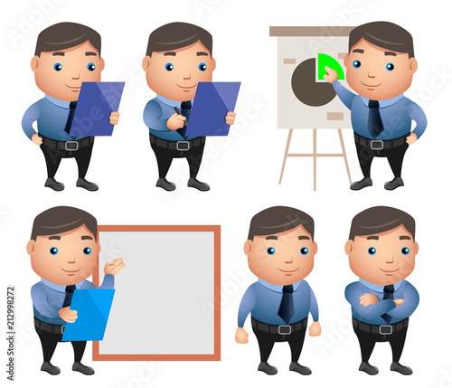 Business characters vector set with professional businessman with office attire showing presentations in gestures and postures. Vector illustration.
