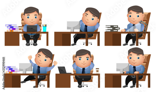 Business man vector characters set with businessman or manager doing office works in table or desk with different gestures and poses isolated in white background. Vector illustration.
