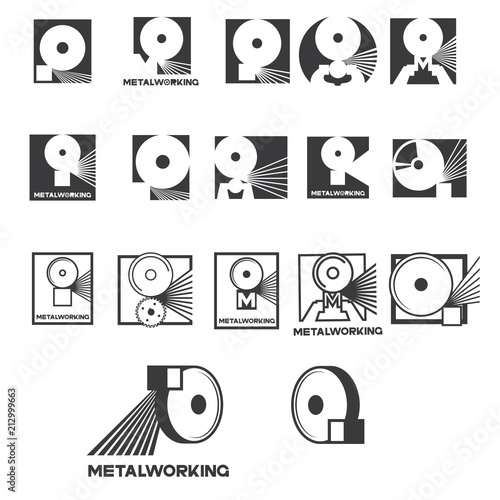 an illustration consisting of several images of a piece of metal and an emery circle in the form of a symbol or logo and the inscription "metalworking"