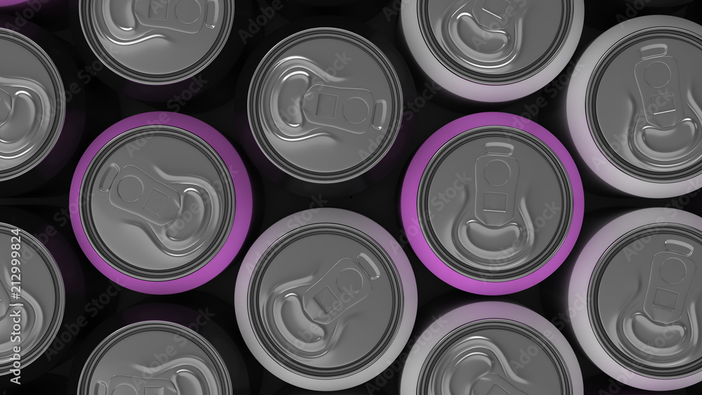 Big black, white and purple soda cans on white background Big black, white and purple soda cans on white background