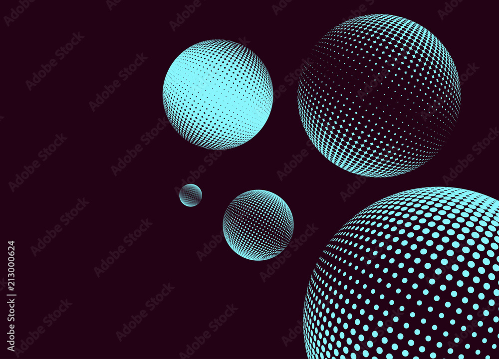 graphic halftone spheres poster background in blue on dark purple