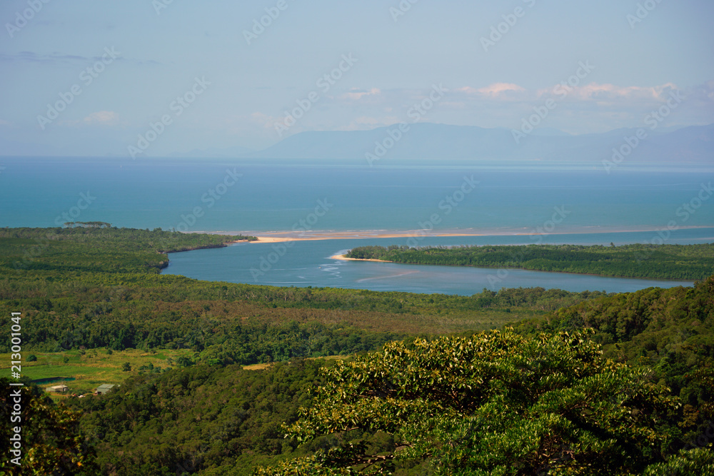 Landscape view of the Coral Sea and Daintree Rainforest at the Walu Wugirriga Mount Alexandra Lookout near Cape Tribulation, Queensland, Australia