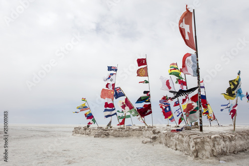 National flags in Salar de uyuni in Bolivia