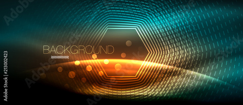 Neon glowing wave, magic energy and light motion background. Wallpaper template, hi-tech future concept