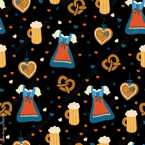 Oktoberfest seamless vector pattern. Dirndl dress, Lebkuchenherz, flowers, hearts, pretzels. Black background. Bavarian Oktoberfest costumes. photo