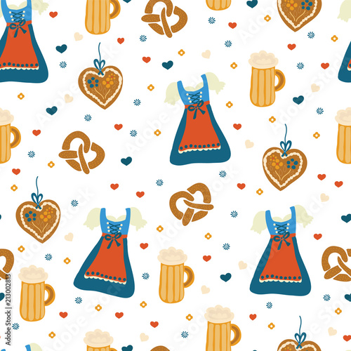 Oktoberfest seamless vector pattern. Dirndl dress, Lebkuchenherz, flowers, hearts, pretzels. White background. Bavarian Oktoberfest costumes.