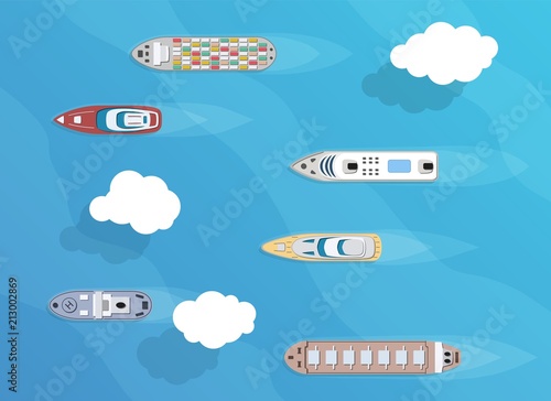 Set of commercial cargo and passengers ships. Sea transportation vehicle. Transport boat.