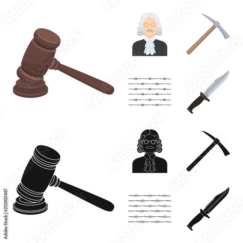Judge, wooden hammer, barbed wire, pickaxe. Prison set collection icons in cartoon,black style vector symbol stock illustration web.