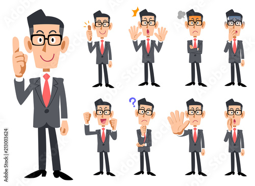 赤いネクタイとグレーのスーツ着用の、メガネをかけたビジネスマンの仕草と表情_全身9種類